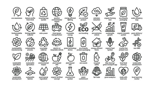 Eco friendly icons set for sustainable living and environmental conservation concepts  eco awareness and green technology symbols