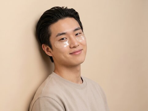 Handsome Young Asian Man Wearing Hydrogel Eye Patches for Under Eye Skincare Routine