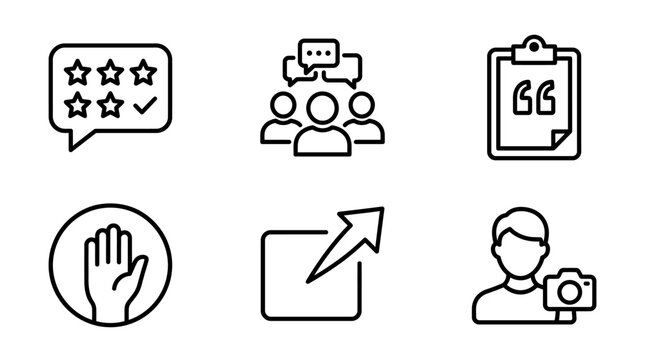 Minimalist line icon set featuring customer feedback, team communication, documentation, security, sharing, and photography elements for UI design