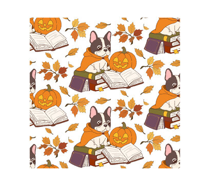 Seamless pattern with cute bookish dogs, French bulldog reading books autumn wallpaper, Cozy fall season