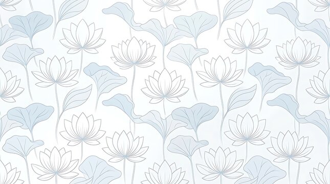 Elegant blue lotus flower and leaf line art seamless pattern