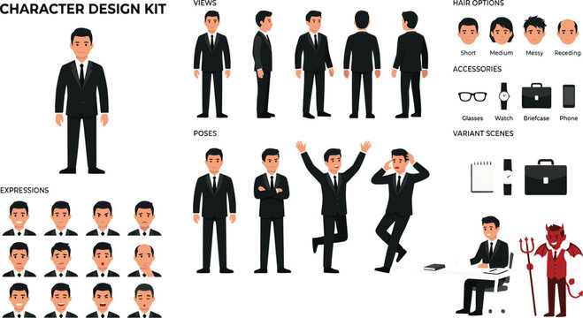 Business man character design kit vector illustration with multiple poses expressions hair options views and accessories isolated on white