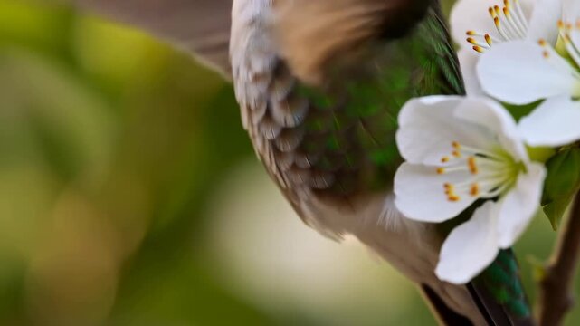 Close-up bird flank beside white blossom with gentle wing lift, soft motion blur, scalloped plumage, and delicate spring garden detail, with bird, wing, feather, plumage detail