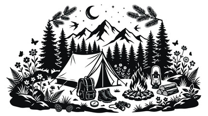 Vintage camping landscape vector illustration, rustic mountain campsite with tent and campfire, black and white wilderness scene for outdoor adventure © Fahad