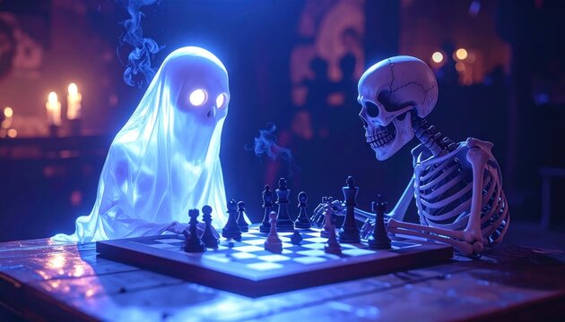 Ghost and skeleton playing chess game.