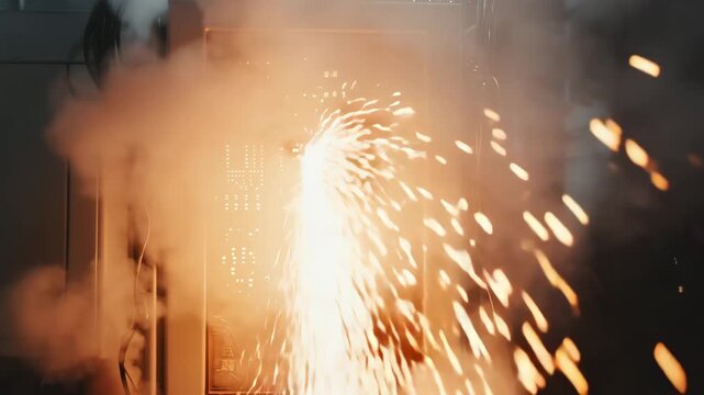 A computer circuit malfunctions in a lab, leading to sparks and smoke as the equipment fails during an experiment