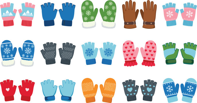 Collection of winter gloves and mittens vector illustration isolated on white background featuring various styles like fingerless gloves mittens with snowflakes and hearts patterns.