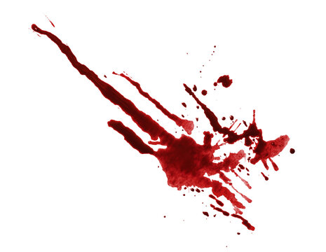 Bloody splash trace with dripping marks, isolated on transparent cutout background