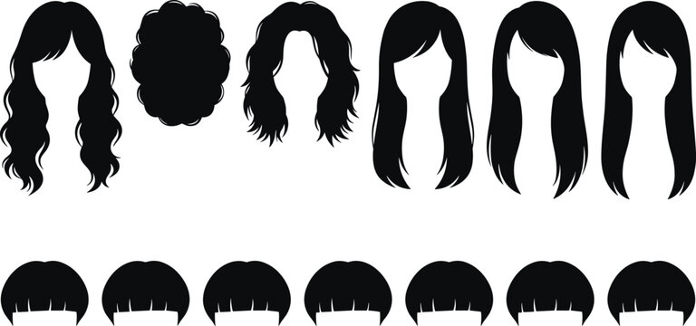 Black silhouette vector illustration set of female hairstyles and wigs including curly wavy long straight hair shapes isolated on white