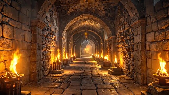 A stone corridor illuminated by glowing fire torches in the dark