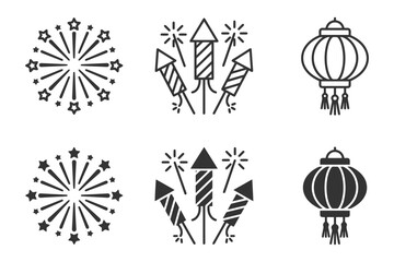 Fototapeta premium Black and white fireworks and lanterns icons for festive celebrations.