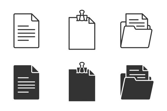 Document and folder icon set with paper clip and file folders in black and white.