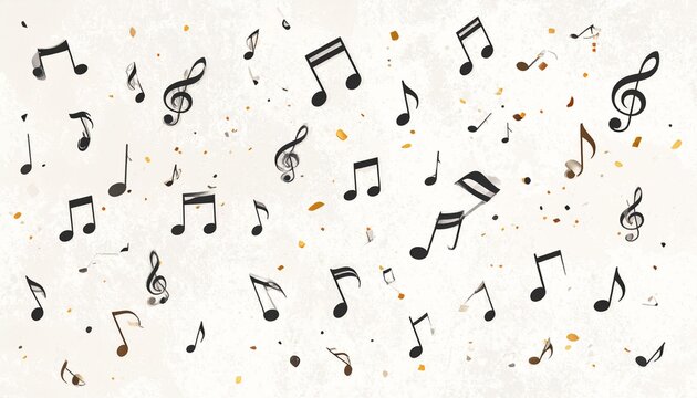 Music notes and confetti on shabby background. Top view. Vector illustration