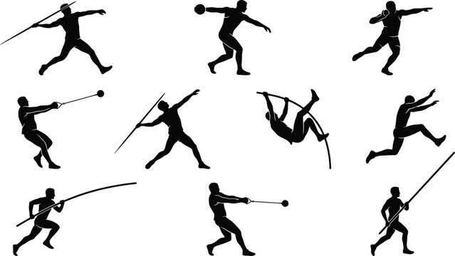 Black silhouette vector illustration set of track and field athletes performing javelin throwing discus shot put pole vault long jump isolated on white