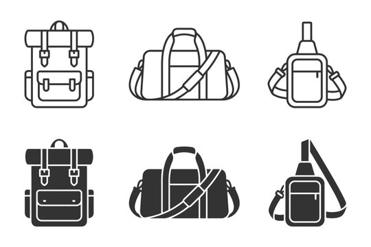 Variety of backpack and duffle bag designs in simple black and white icons.