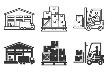 Obraz premium Warehouse icon set with storage, pallet, and forklift illustrations.