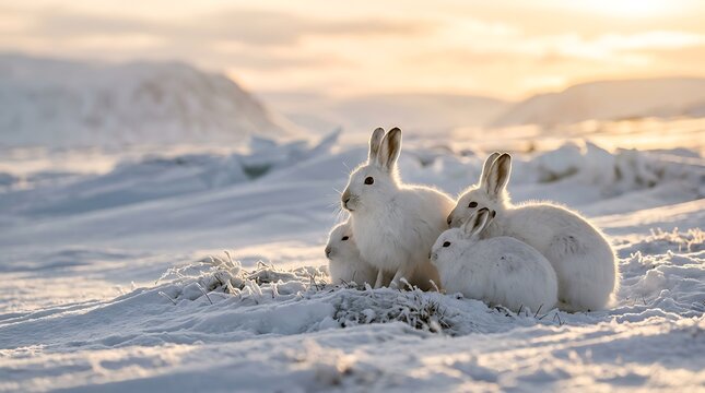 White arctic hares huddling in a snowy mountain landscape at sunset