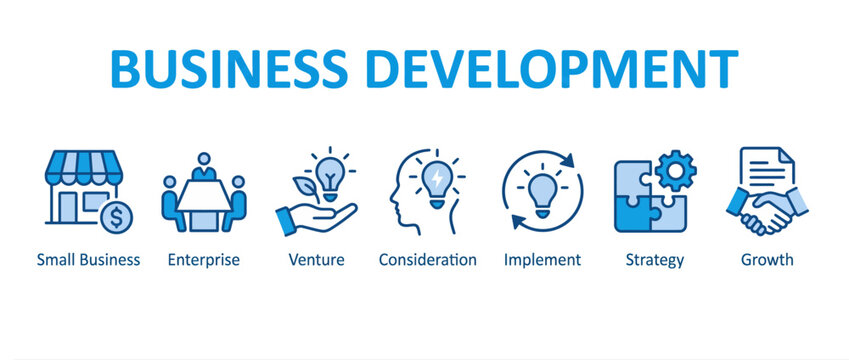 Business development icons set for small business, enterprise, venture, strategy, growth