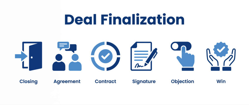 Deal finalization process icons set for business sales and contract management