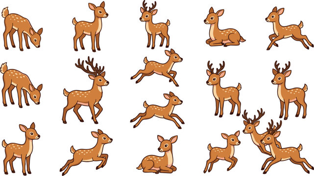 Collection of cute cartoon deer illustrations in various poses like running standing and grazing vector illustration isolated on white background for wildlife design.