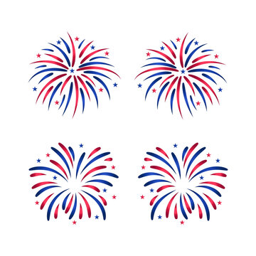 Four red and blue fireworks bursts with small stars for independence day celebrations isolated on a transparent background