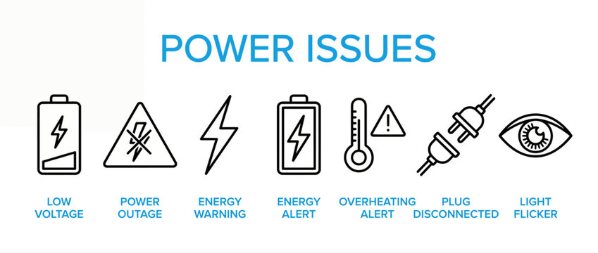 Power issues icons set, electrical problems and energy supply warning signs