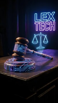 Legal tech concept with wooden gavel featuring circuit board patterns on wooden desk, neon signs displaying scales of justice and lex tech text against dark background.