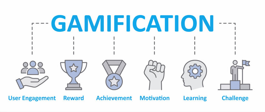 Gamification concept with icons of user engagement, reward, achievement, motivation, learning, challenge