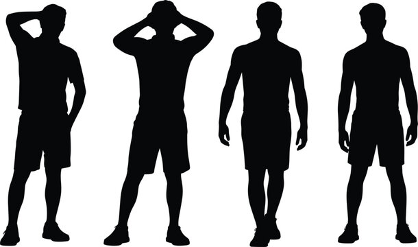 Men silhouette icons set with athletic male models standing and walking in shorts vector graphic elements