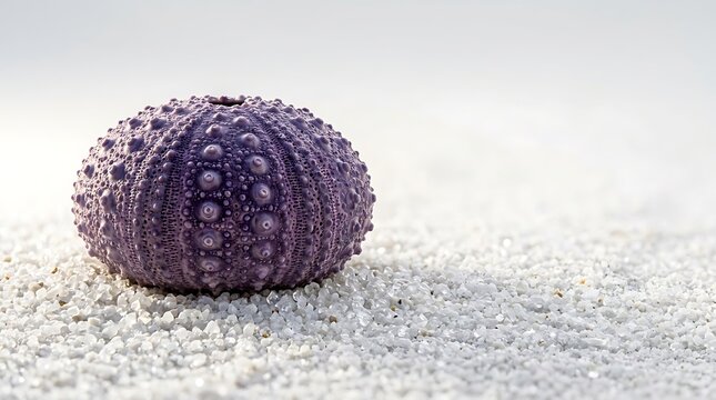 Purple sea urchin shell resting on white sand
