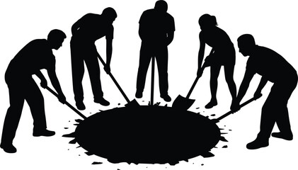 People silhouettes digging deep hole together using shovel tools, community labor work team vector graphic background © Kaiyum
