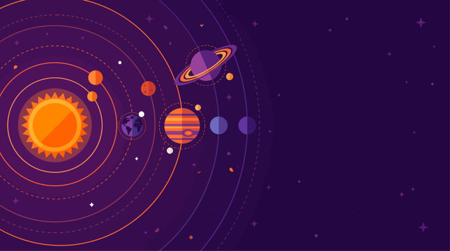 Stylized flat design illustration of the solar system with the sun and all eight planets orbiting against a dark purple starry background.