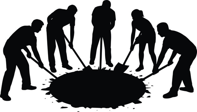 People silhouettes digging deep hole together using shovel tools, community labor work team vector graphic background