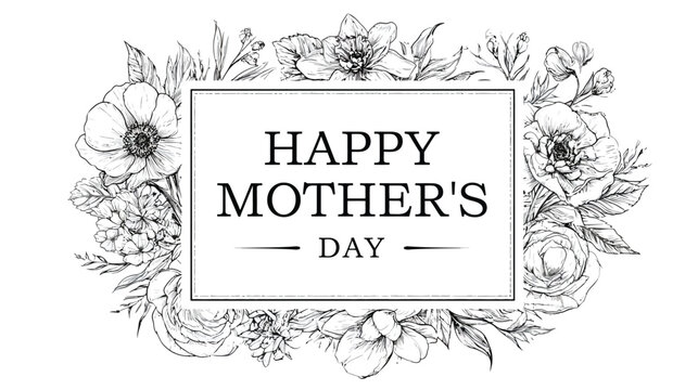 Flowers surrounding a rectangular frame contain the text Happy Mother's Day written in a classic serif font style suitable for greeting cards and festive stationery.