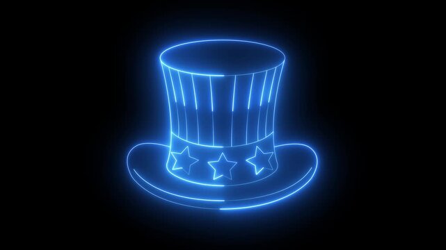 glowing neon Patriotic American top hat icon isolated on black background. Uncle Sam hat. American hat independence day featuring American flag stars and stripes for Fourth of July celebrations.