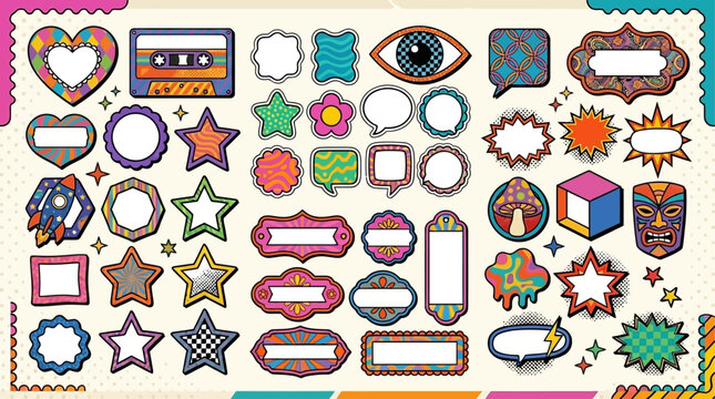 Colorful stickers with various shapes and designs are arranged on a surface.