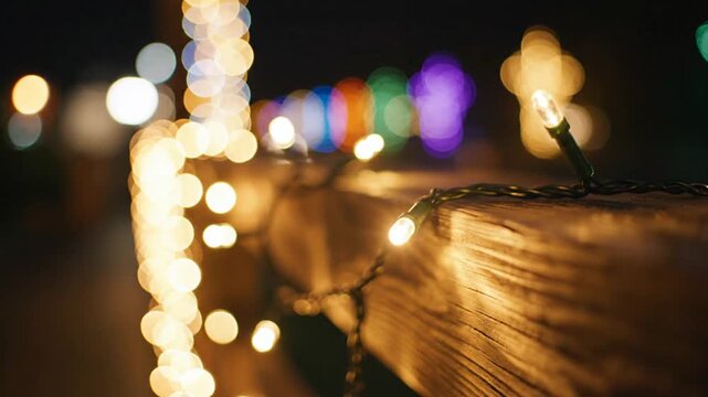 Multicolored star shaped string lights on wooden deck.