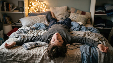 Fototapeta premium Exhausted teenager lying upside down on a messy unmade bed