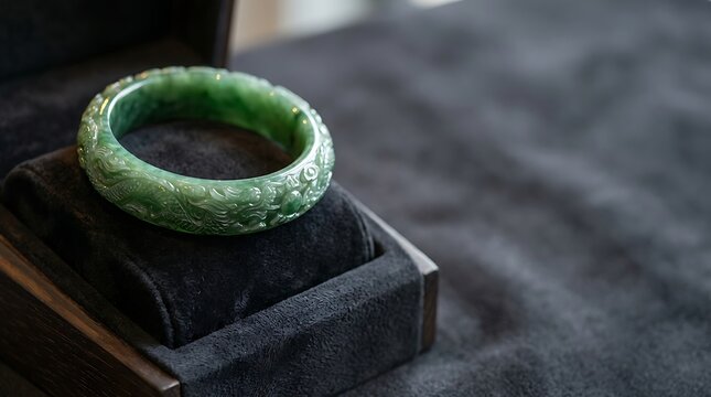 Ornate green jade bangle with dragon carvings in luxury box