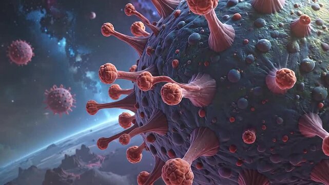 Microscopic pathogens floating above a desolate alien planet surface
