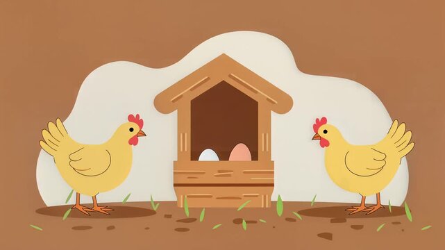 Animated chickens standing near wooden coop with fresh eggs, charming 2D paper-cut style motion graphic, rural farm setting, vibrant colors, clean vector aesthetic, symbolizing nature and harvest