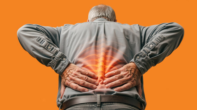 Senior man with severe lower back pain. Back view of elderly male holding aching spine with red glowing inflammation graphic on orange background