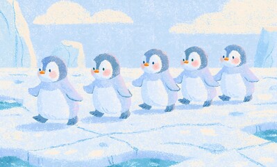 Fototapeta premium a cartoon illustration of five baby penguins walking in a line from left to right across a frozen, icy landscape. 