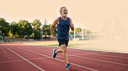 Obraz premium Happy senior man running on an outdoor athletic track. Cheerful mature male jogger exercising on a sunny day. Active aging and healthy lifestyle concept with copy space