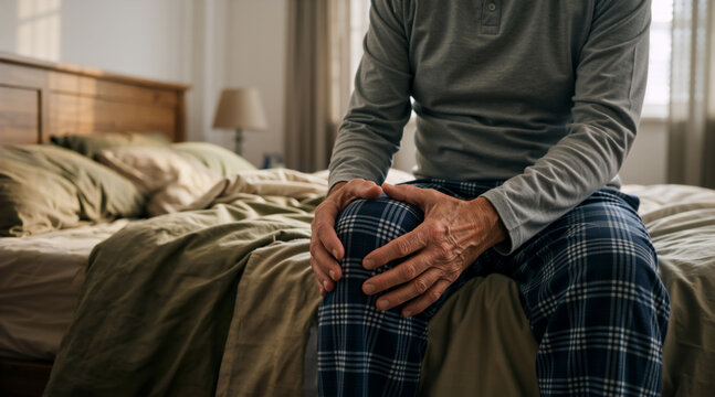 Older man sitting on the edge of a bed holding his knee in pain. Senior male in pajamas suffering from joint ache or arthritis in the morning. Healthcare and aging concept