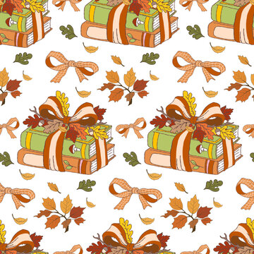 Seamless pattern with autumn book stack, Cozy bookish fall season repeating background