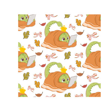 Autumn leaves and books seamless background, Fairytale dragon nursery room digital paper