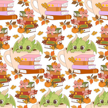 Seamless pattern with cute bookish dragons, Little green dragon reading books wallpaper