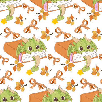 Seamless pattern with cute bookish dragons, Little green dragon reading books wallpaper