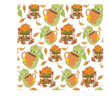 cozy seamless repeating pattern featuring cute green baby dragons reading and sitting on stacks of colorful books